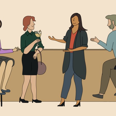 Three women and one man talking at a bar, illustrated.