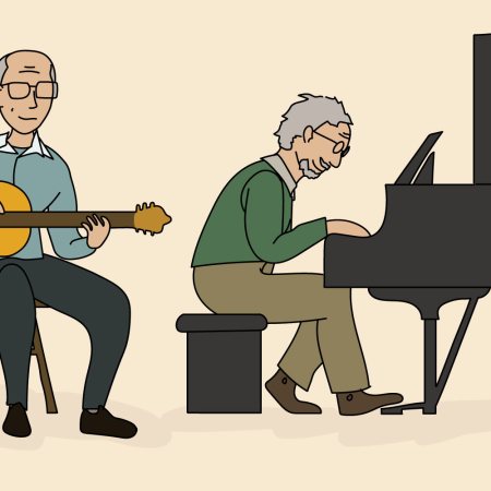 Two guy friends, one sitting playing guitar and the other on piano. Here's the friendship advice from my dad and his bandmate of nearly 50 years.