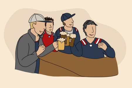 An illustration of four guy friends in a bar. We talk to a man who in Cincinnati who made friends by creating a real-life "Cheers."