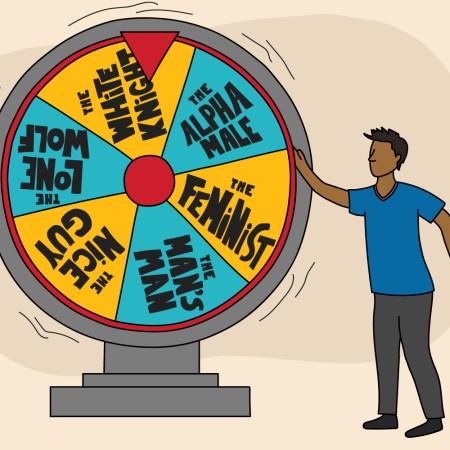 An illustration of a man spinning a wheel with six different types of masculinity, including alpha male, feminist and white knight.