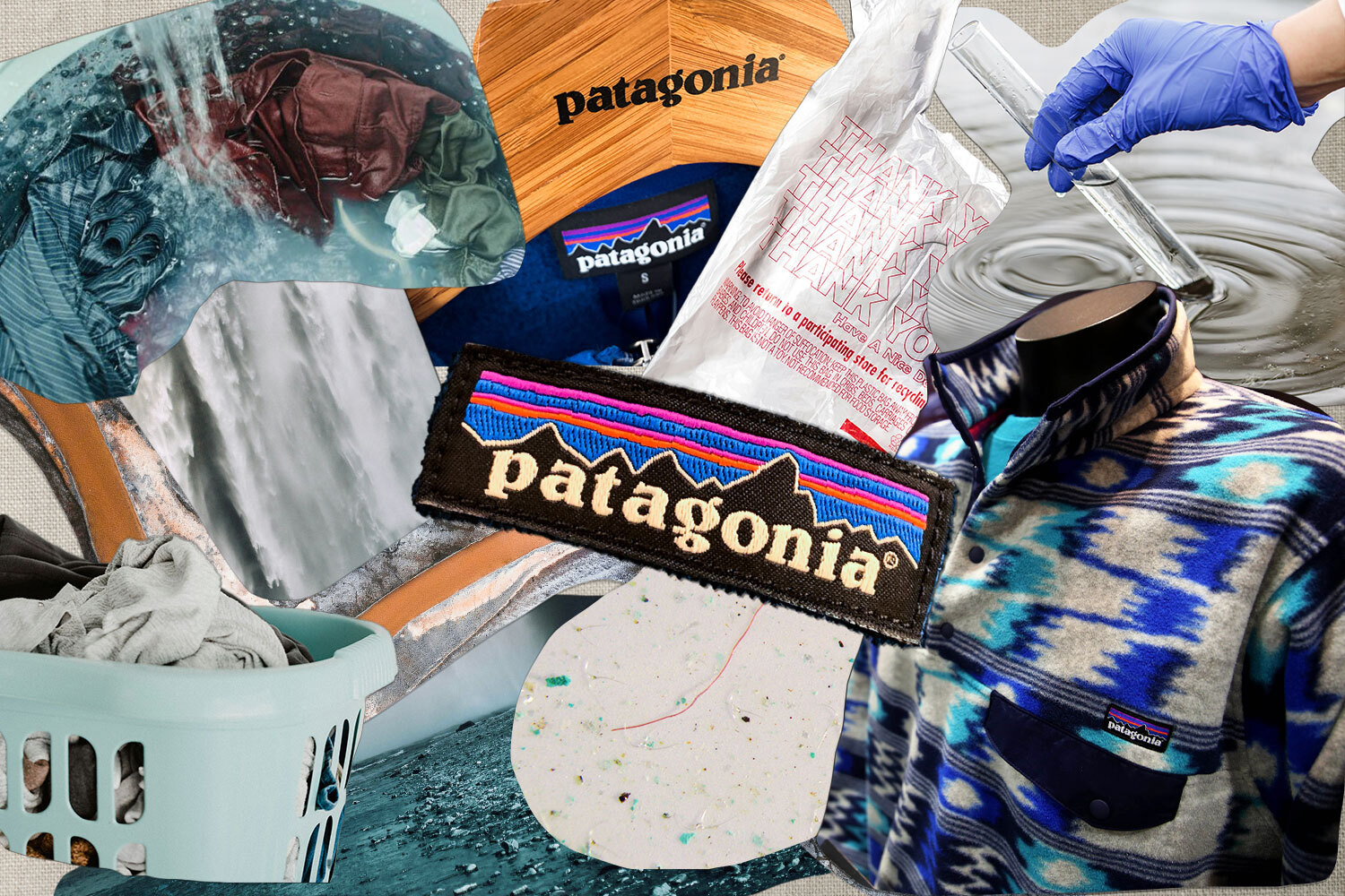 A collage of images of Patagonia clothing, synthetic microfibers, microplastics, laundry and bodies of water. Our story looks at Patagonia's microplastics problem.