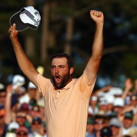 Scottie Scheffler celebrates after winning the 2024 Masters.