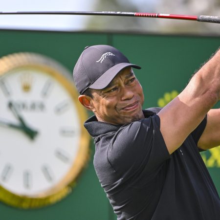 Tiger Woods plays a shot at The Genesis Invitational.