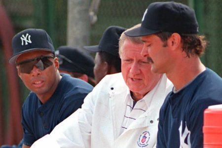 Late Yankees owner George Stienbrenner with Don Mattingly and Bernie Williams.