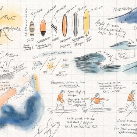 An original illustration on graph paper showing how to surf big waves.