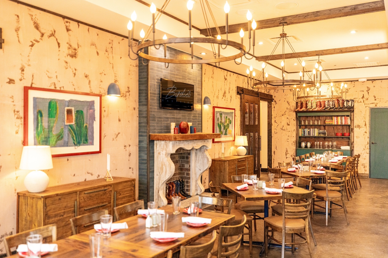 Birdie's private dining room, featuring Southwest decor and cowboy boots in excess