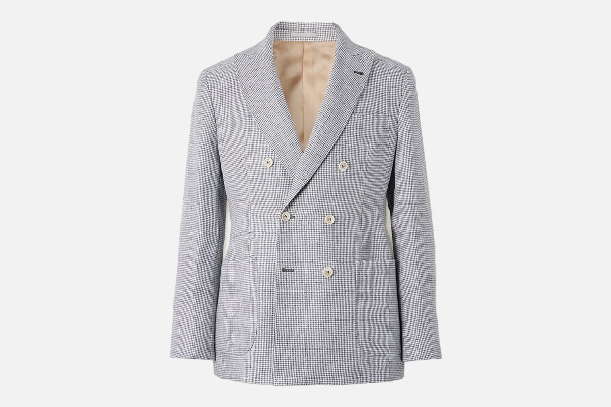 Brunello Cucinelli Double-Breasted Puppytooth Linen Suit Jacket