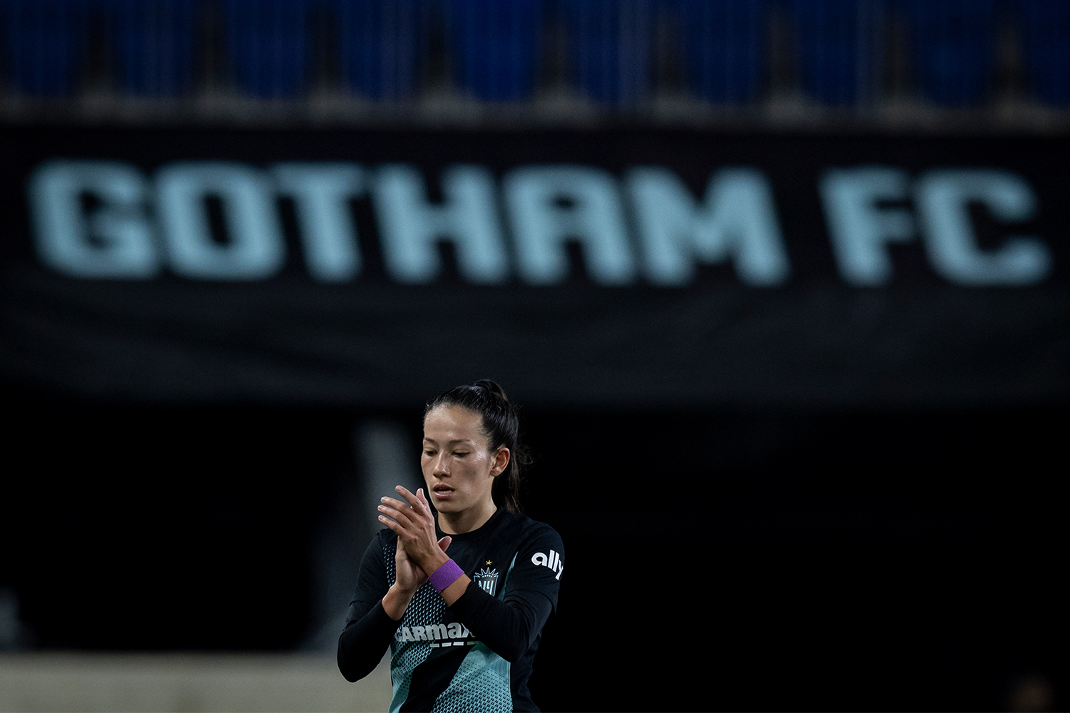 Bruninha #3 of NJ/NY Gotham FC claps for fans as she is subbed out in the second half of the National Women's Soccer League match against North Carolina Courage at Red Bull Arena on May 4, 2024 in Harrison, New Jersey