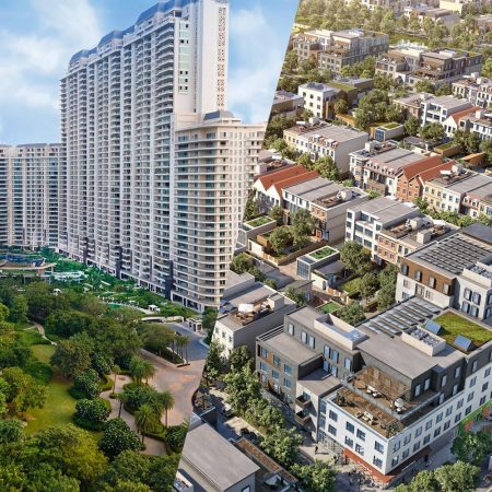 An image of The Camellias, a luxury residential development in Gurgaon, India; and a rendering of California Forever's new planned city in Solano County.
