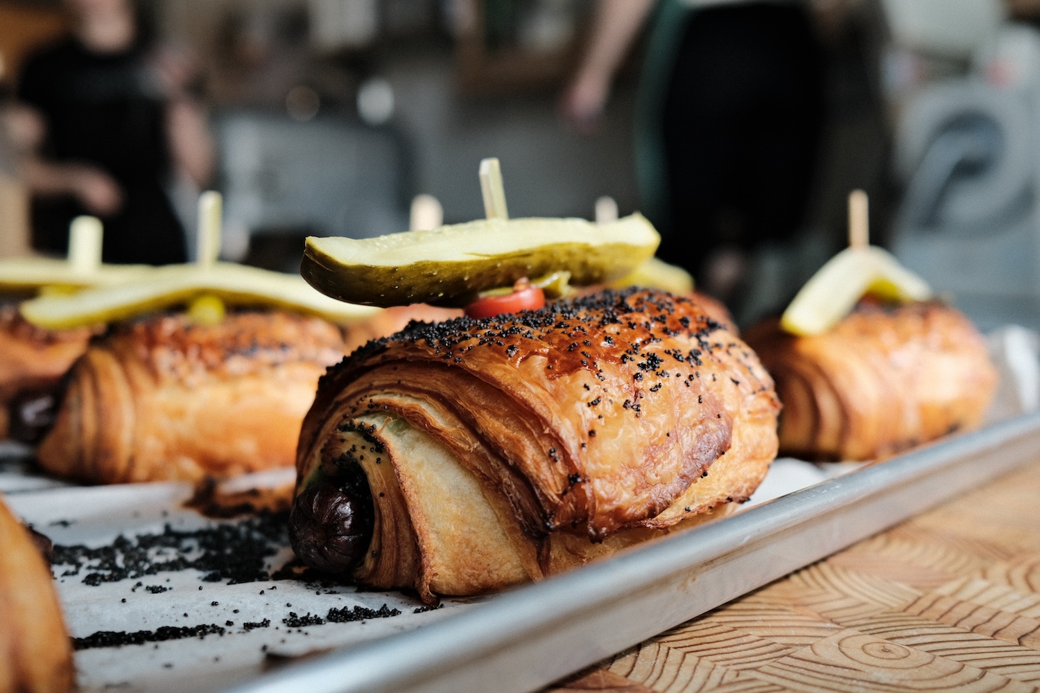 chocolate croissant with pickle on top