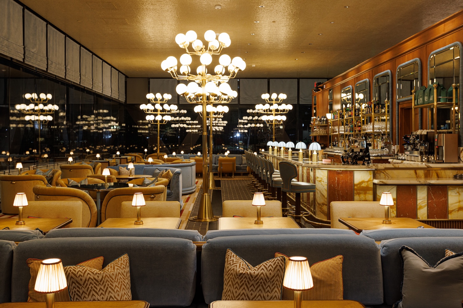 lights and lamps, blue chairs, bar