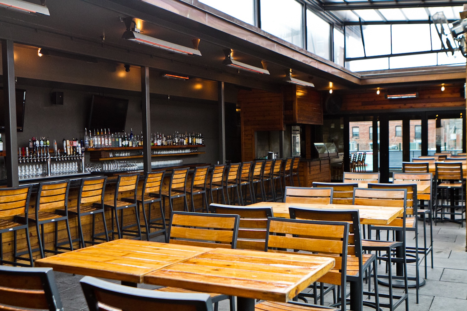 wooden benches and chairs, wooden bar stools, bar