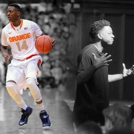 A split image featuring Kaleb Joseph (L) playing basketball for Syracuse and Joseph again (R) talking to an audience.