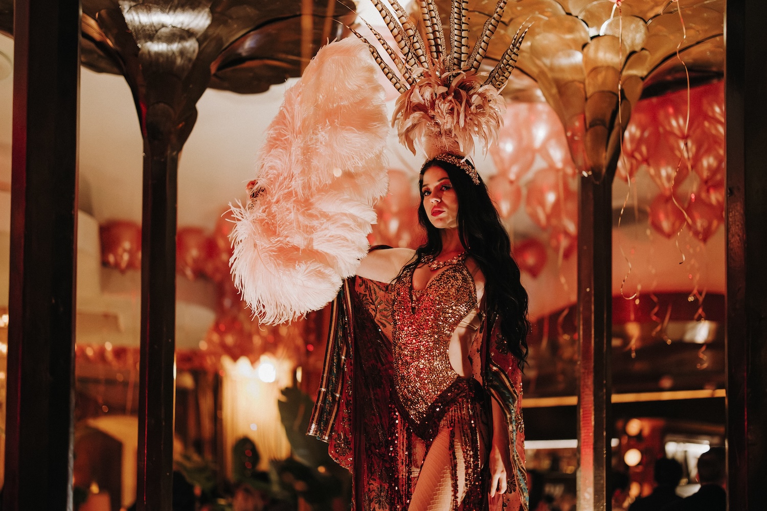 dancer/performer with long black hair, headpiece, and feather boa