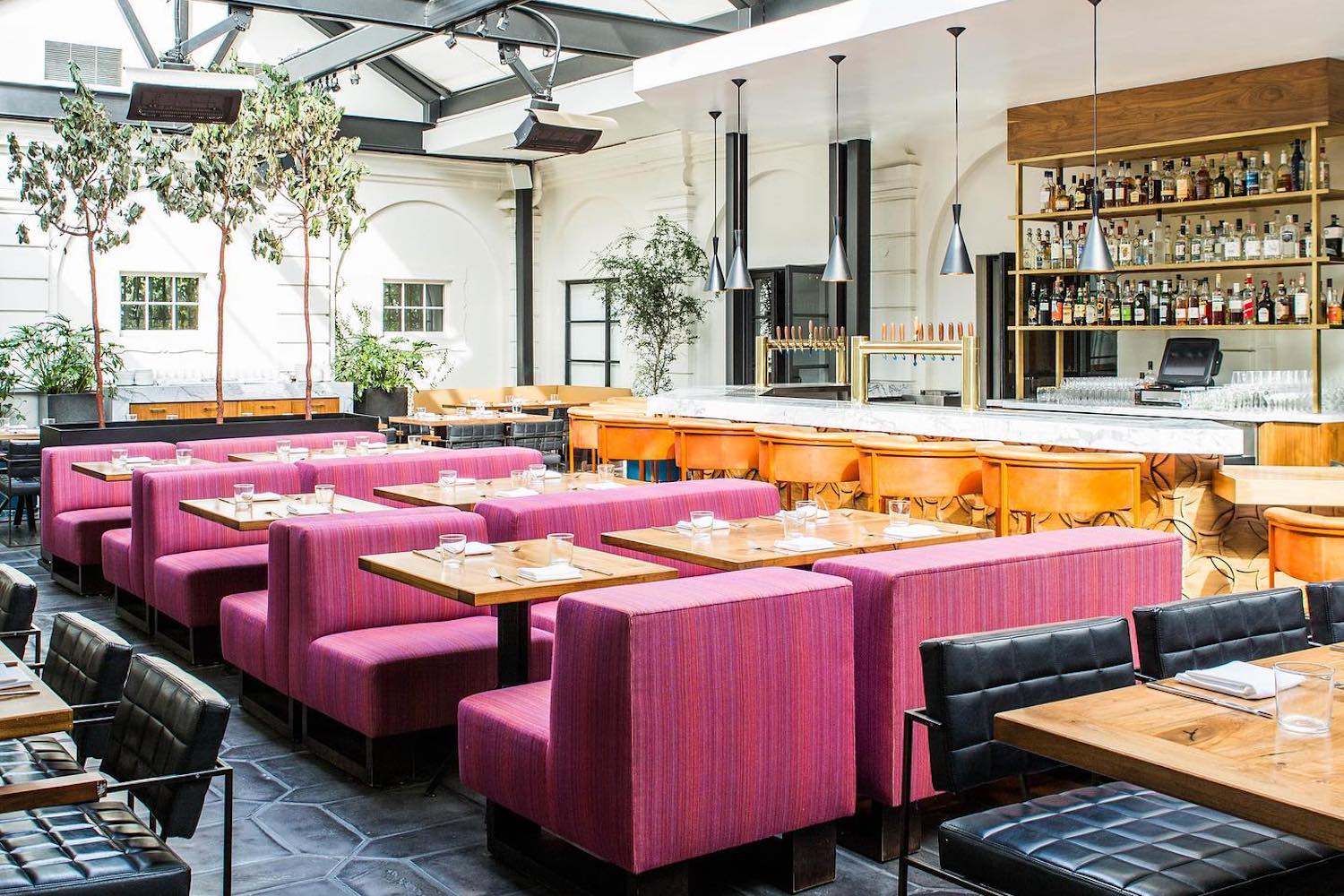 Redbird's main dining room, featuring a glass ceiling lined with flood lights.