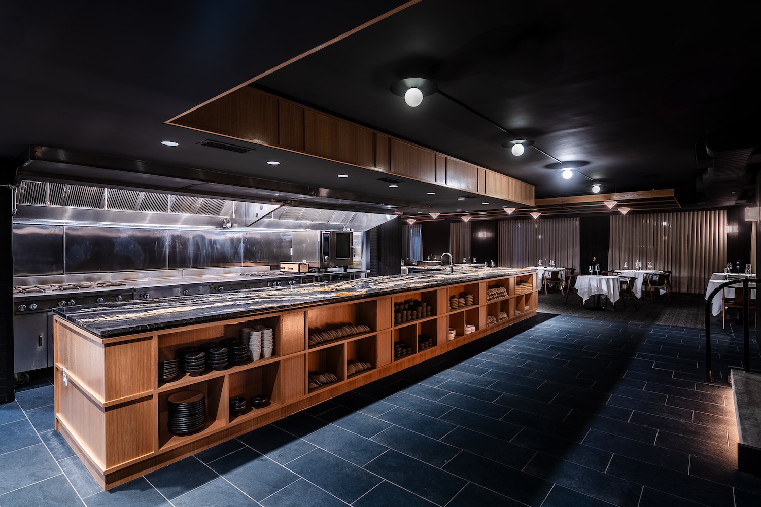 Reverie's main dining room, including an open kitchen.