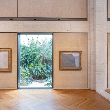 two paintings with an exit outside to plants