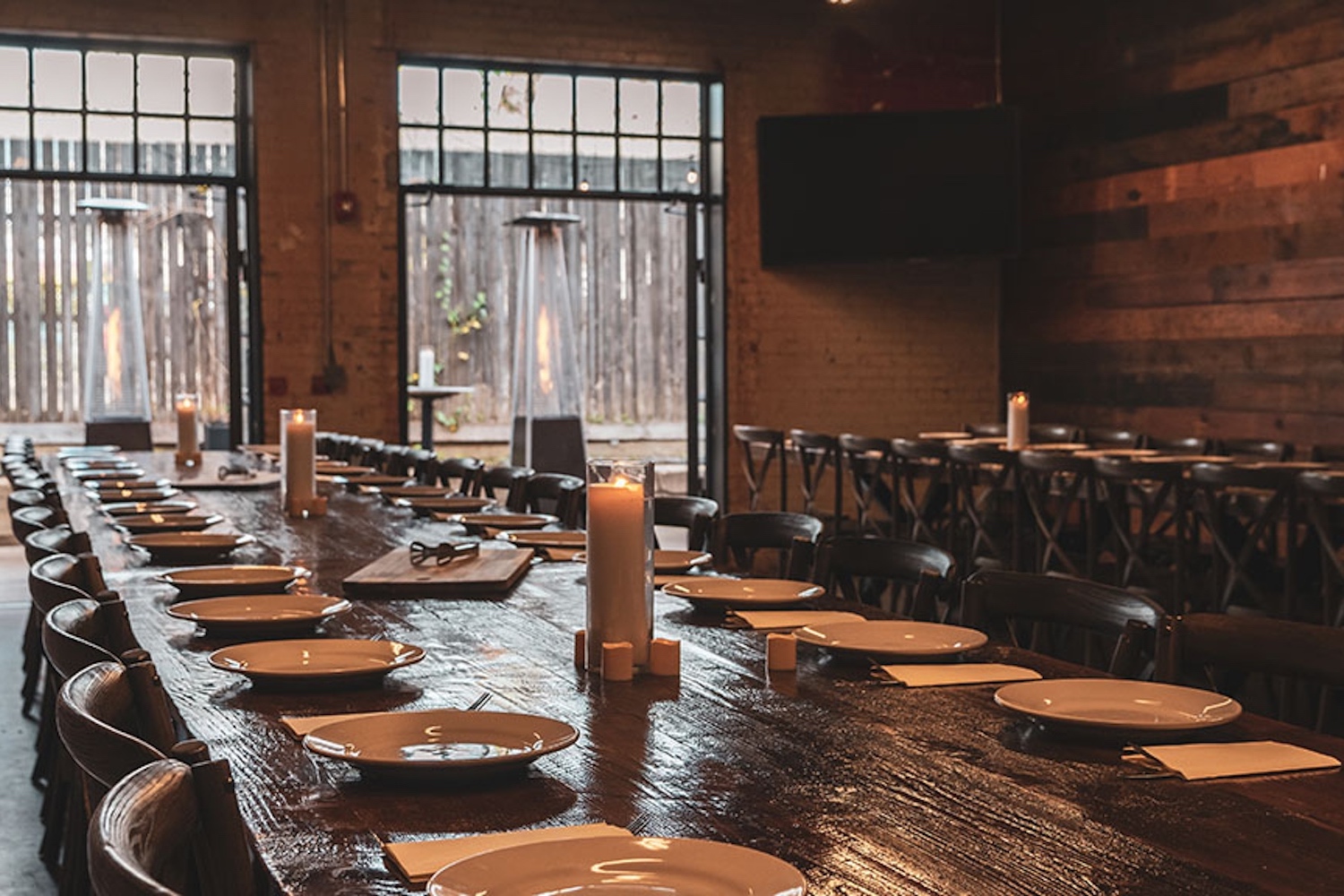 Terry Black's private dining room, including a set of double doors opening onto a heated patio