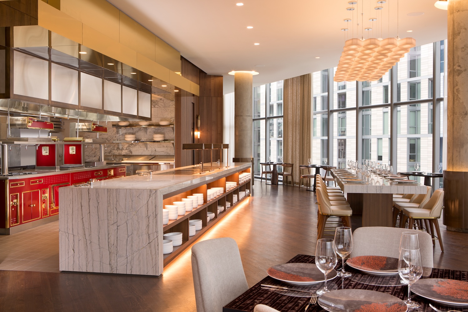 Estuary's dining room, including an open kitchen.