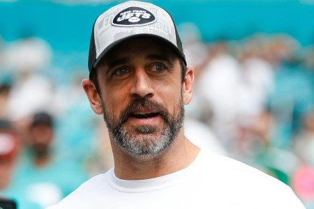 Aaron Rodgers of the New York Jets looks on prior to a game.