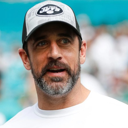 Aaron Rodgers of the New York Jets looks on prior to a game.