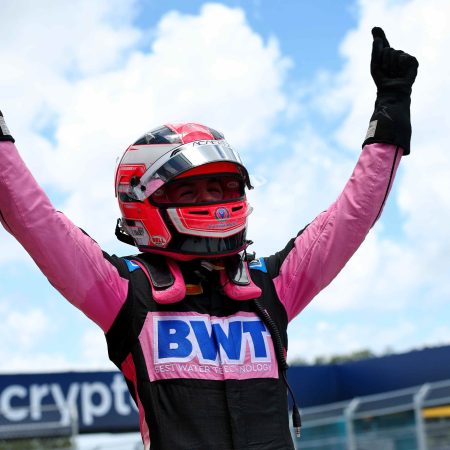 Race winner Abbi Pulling celebrates her victory at FIA Formula Academy.