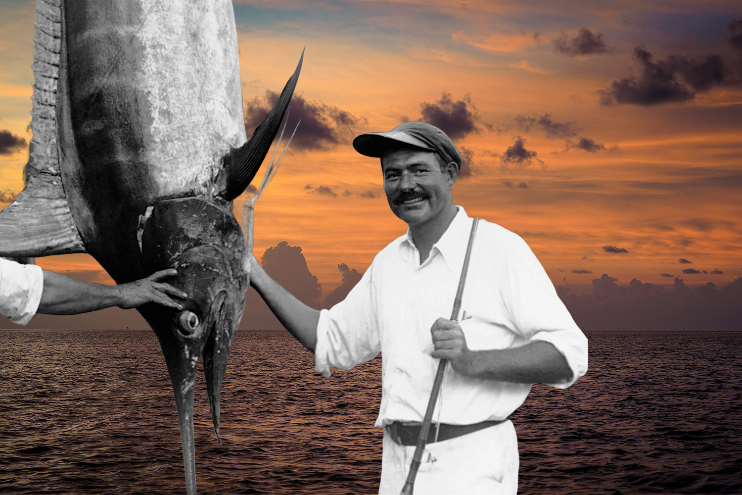 Hemingway holding a marlin, against a sunset.