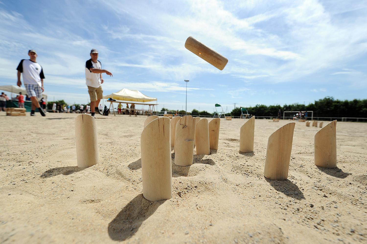An angle of the Finnish game of mölkky.