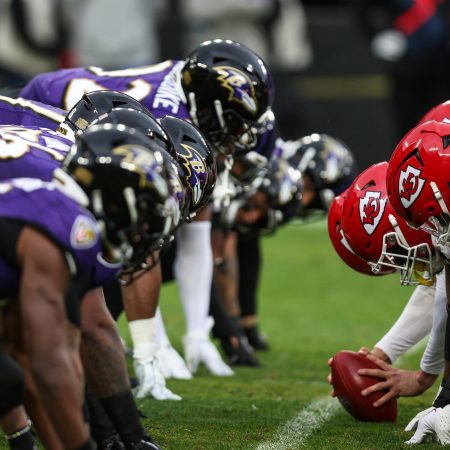 The Baltimore Ravens line up agains the Kansas City Chiefs.
