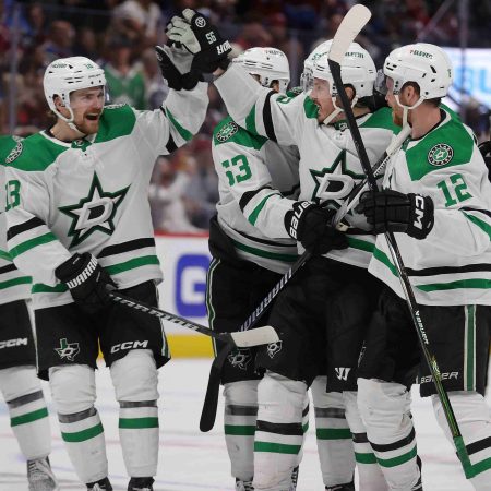 The Dallas Stars celebrate a game-winning goal.