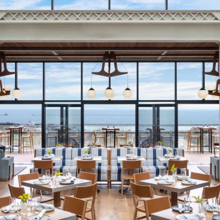 an indoor rooftop restaurant with beautiful views of lake michigan