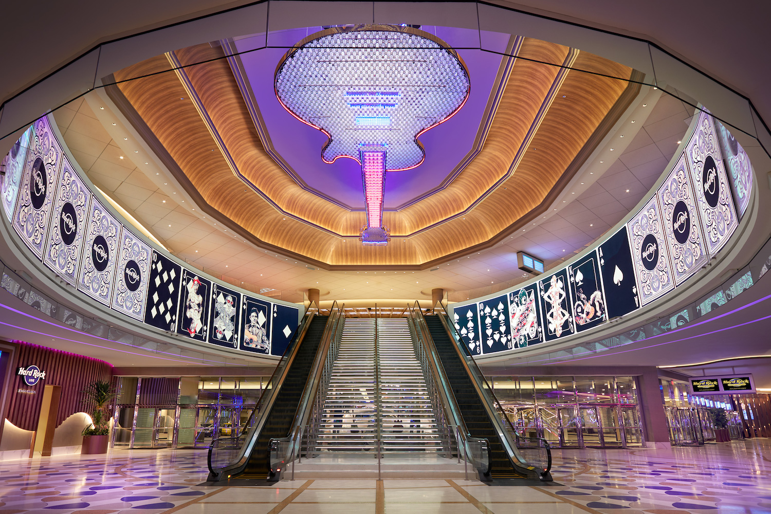 the giant ceiling guitar above the lobby stairs at the hard rock hotel in atlantic city