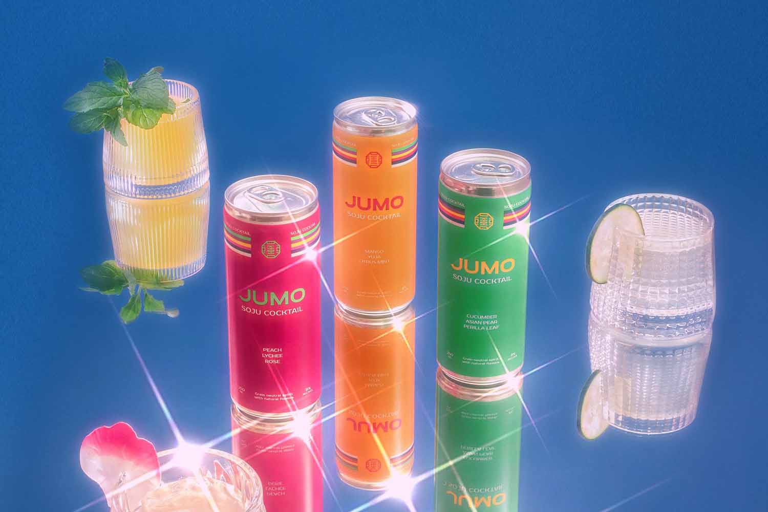 jumo soju cans, shot on a blue background