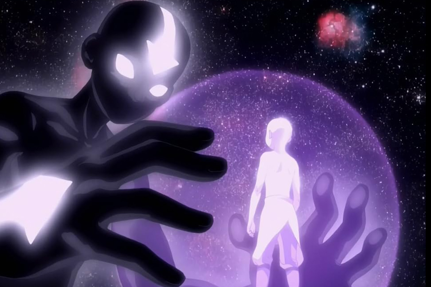 A still from "Avatar: The Last Airbender," showing Aang's dive into his cosmic subconscious. 