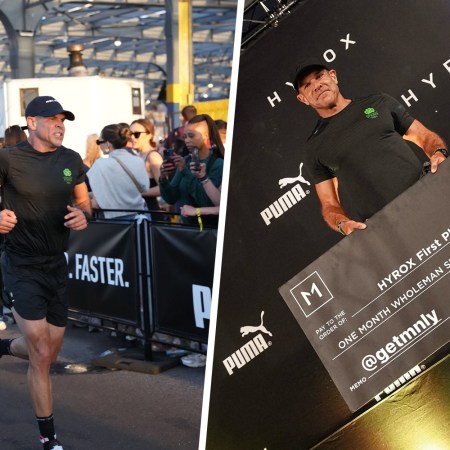 A split image showing Ken Rideout racing and winning at HYROX.