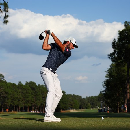 Max Homa gets set to drive the ball at the U.S. Open.
