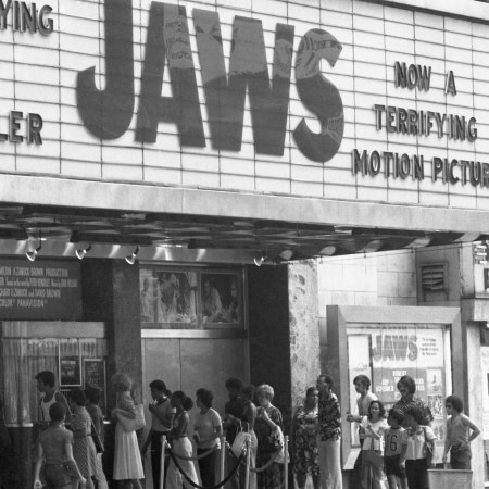 "Jaws" on the marquee at a movie theater. The movie, which turns 50 in 2025, is getting a new documentary from Spielberg documentarian Laurent Bouzereau