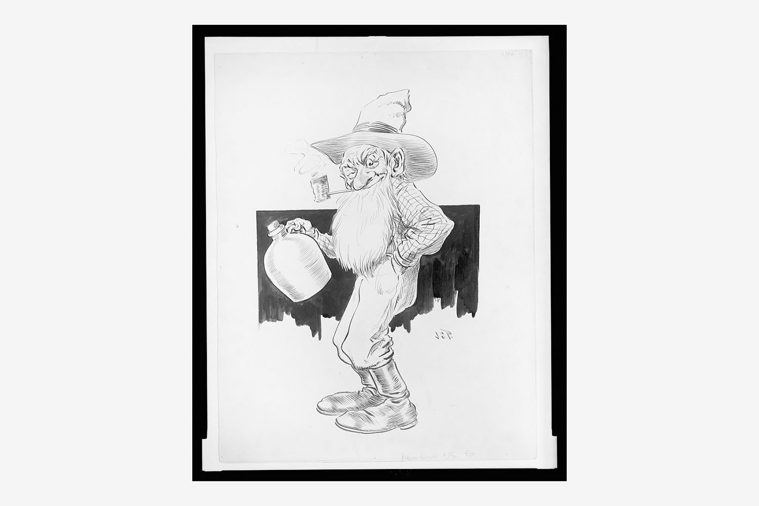 An illustration by J.S. Pughe from 1903 depicting a stereotypical "moonshiner"