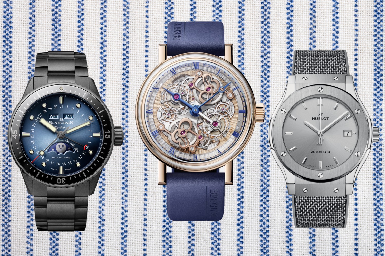 Blancpain’s Phases de Lune (left), Breguet’s “Quai de l’Horloge” (center) and Hublot’s Classic Fusion Essential Grey (right)
