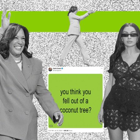 Kamala Harris and Charli XCX on a lime green "Brat" and white background.