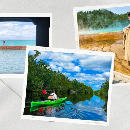 Three photos of a man visiting national parks on a grey background. Left: walking on a dock, center: kayaking in the water, right: standing next to hot springs