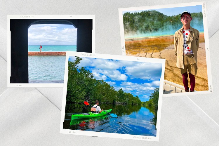 Three photos of a man visiting national parks on a grey background. Left: walking on a dock, center: kayaking in the water, right: standing next to hot springs
