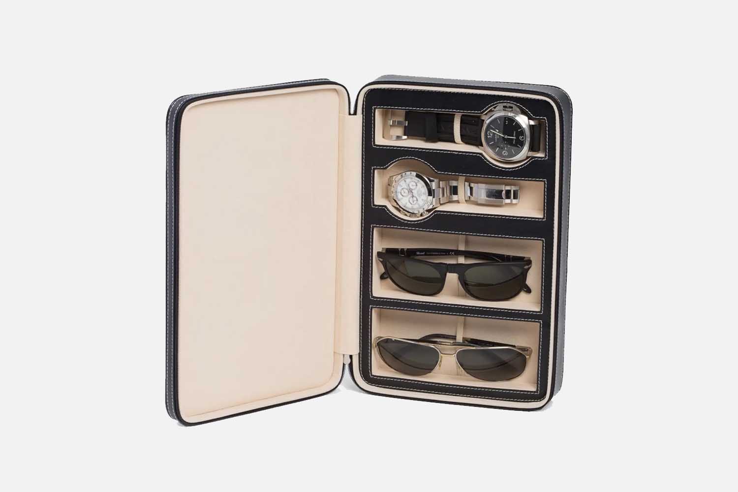 Bey-Berk Two-Watch u0026amp;amp; Two-Sunglasses Leather Travel Case