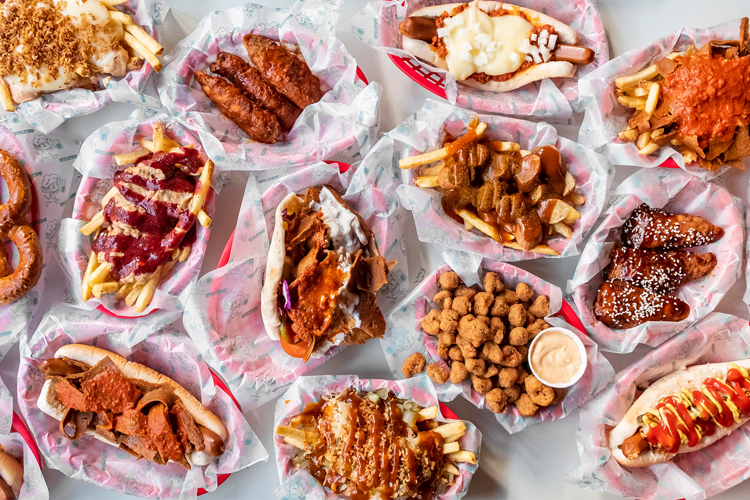 An overhead shot of vegan pub grub.