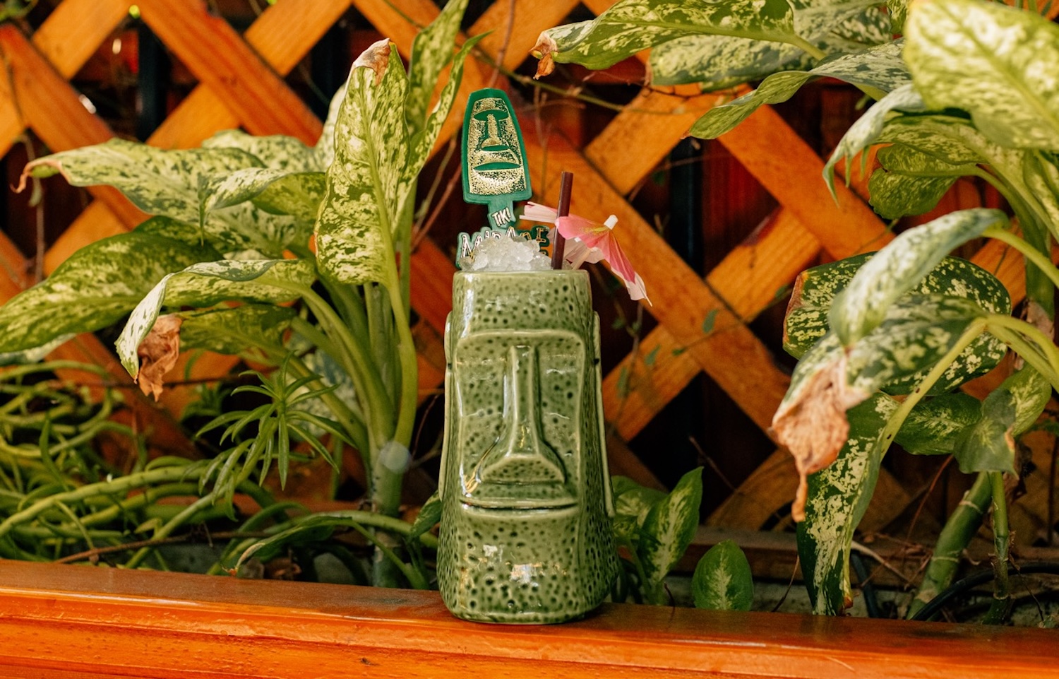 Tiki mug with an identical pick in front of greenery and a wooden fence