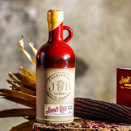A close-up of High Wire's Jimmy Red bourbon, made from bourbon is made from 100% Jimmy Red corn