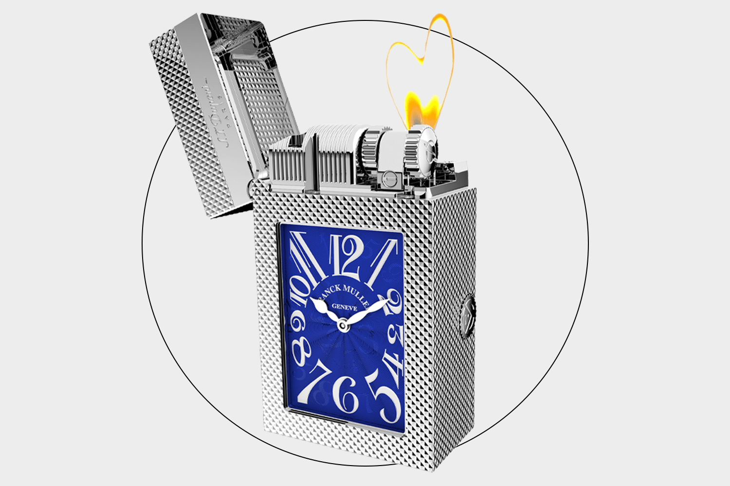 SIlver lighter with a blue clock face