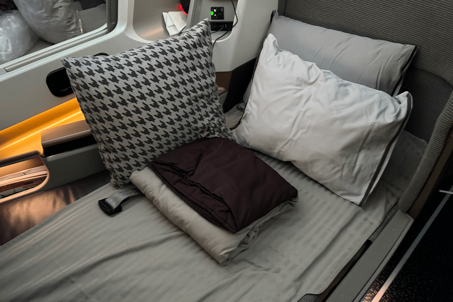 The seats in business class convert into a bed measuring six-and-a-half feet long
