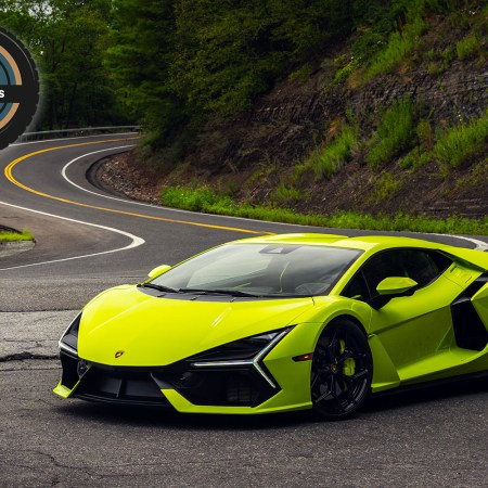 The Lamborghini Revuelto on a road in Upstate New York during a test drive