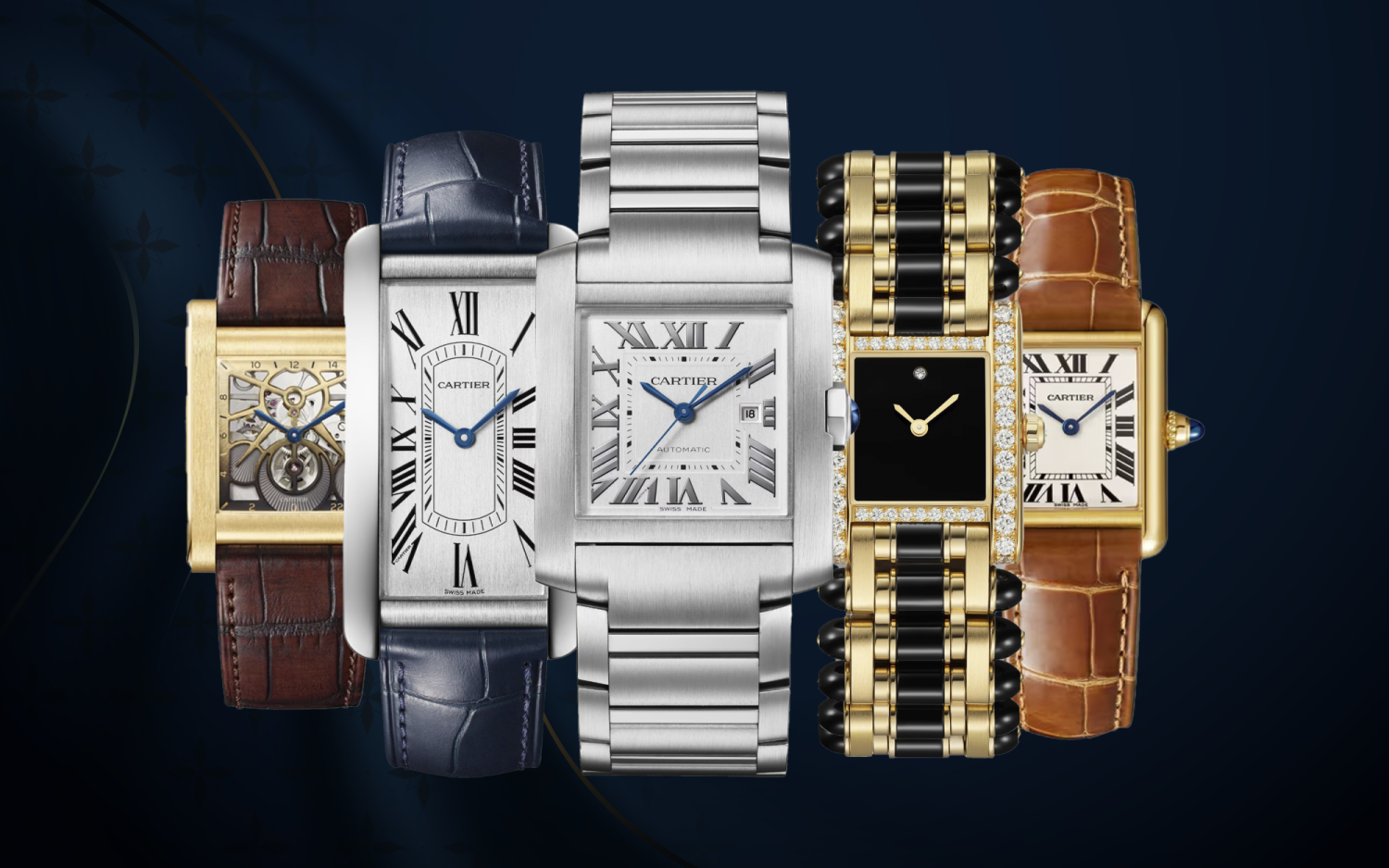Cartier's Tank Normale watch, Tank Américaine watch, Tank Française watch, Tank Jewelry watch and Tank Louis Cartier watch against a navy blue background
